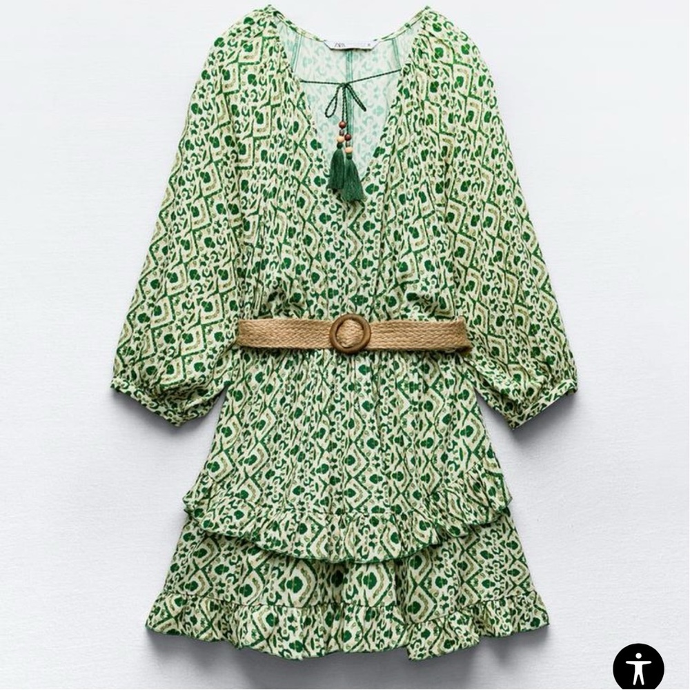 Zara green and white ruffle jute belted dress